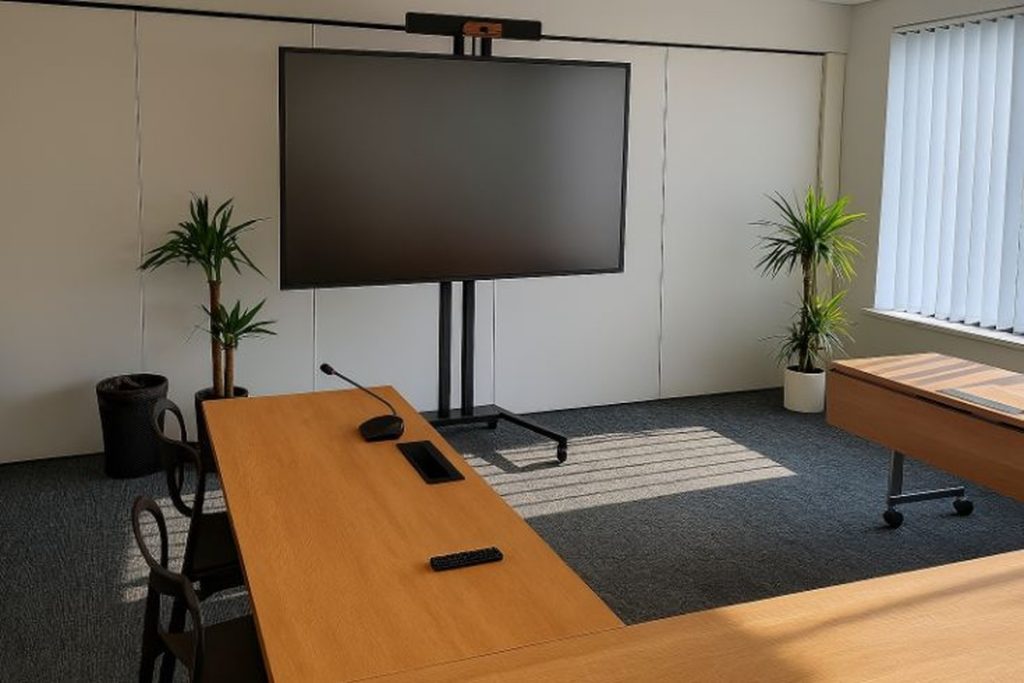 photo d'un Trolley ou chariot mobile pour placement d'un écran TV ou LED de grande taille dans une salle de réunion