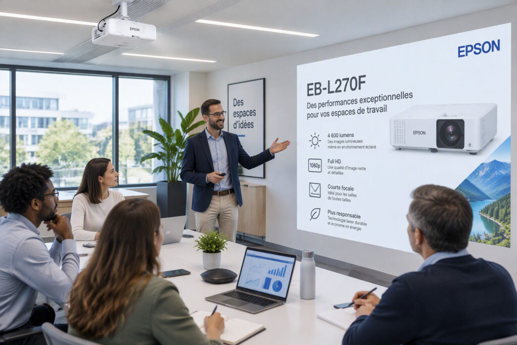 %title - Vidéoprojecteur Epson EB-L270F en salle de réunion professionnelle pour réunions hybrides, présentations collaboratives et espaces de travail modernes